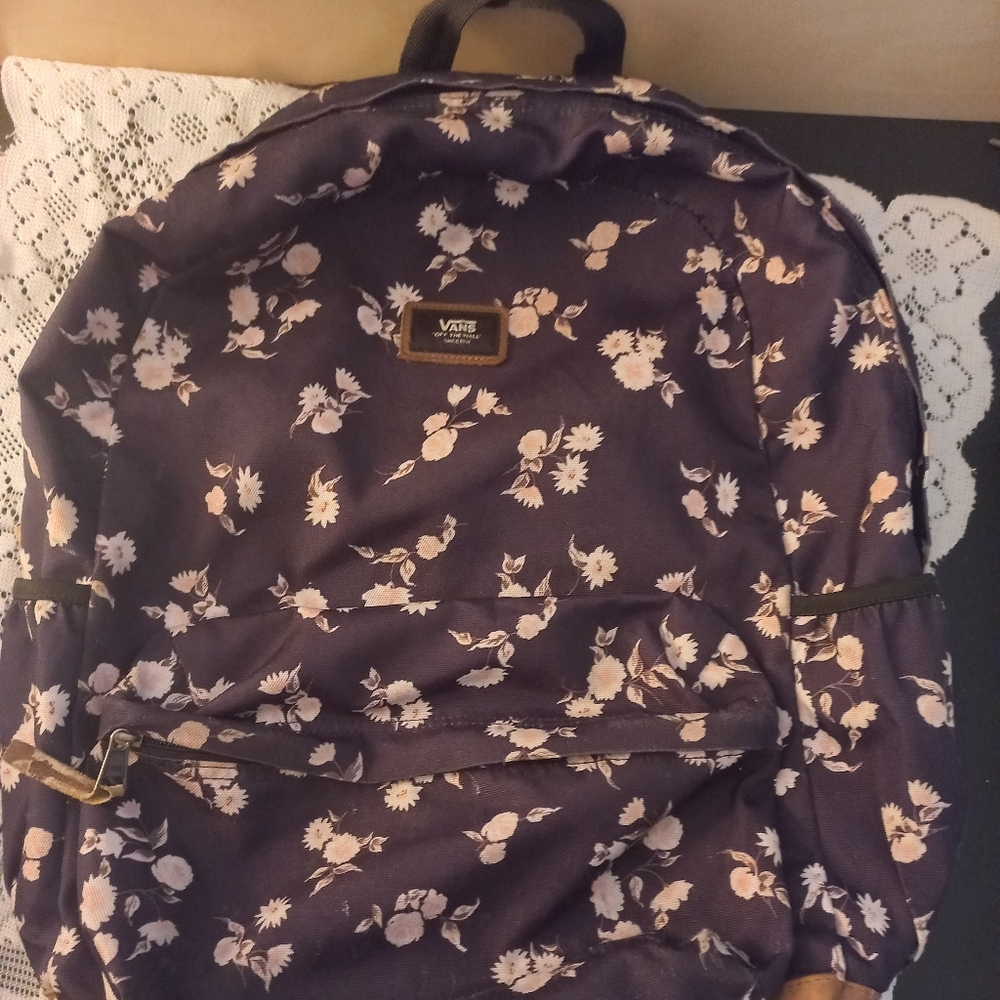 Vans Large Black with Pink Floral Pattern Backpack/School/Book Bag READ